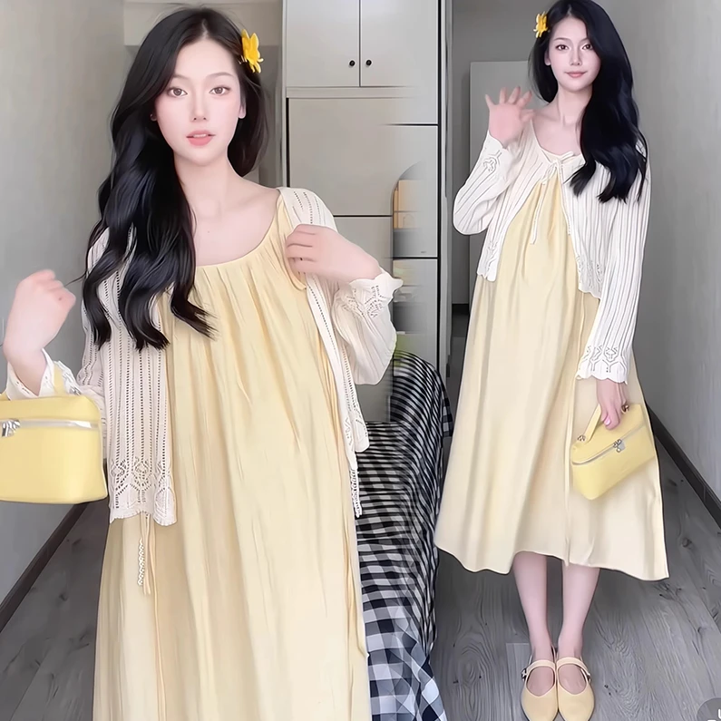 孕妇装法式夏季连衣裙套装甜美吊带长裙子+黄色针织衫时尚两件套