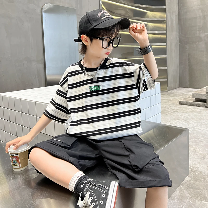 MK&UR.BV儿童夏季套头薄款男休闲条纹套装时尚童装男童夏装套装