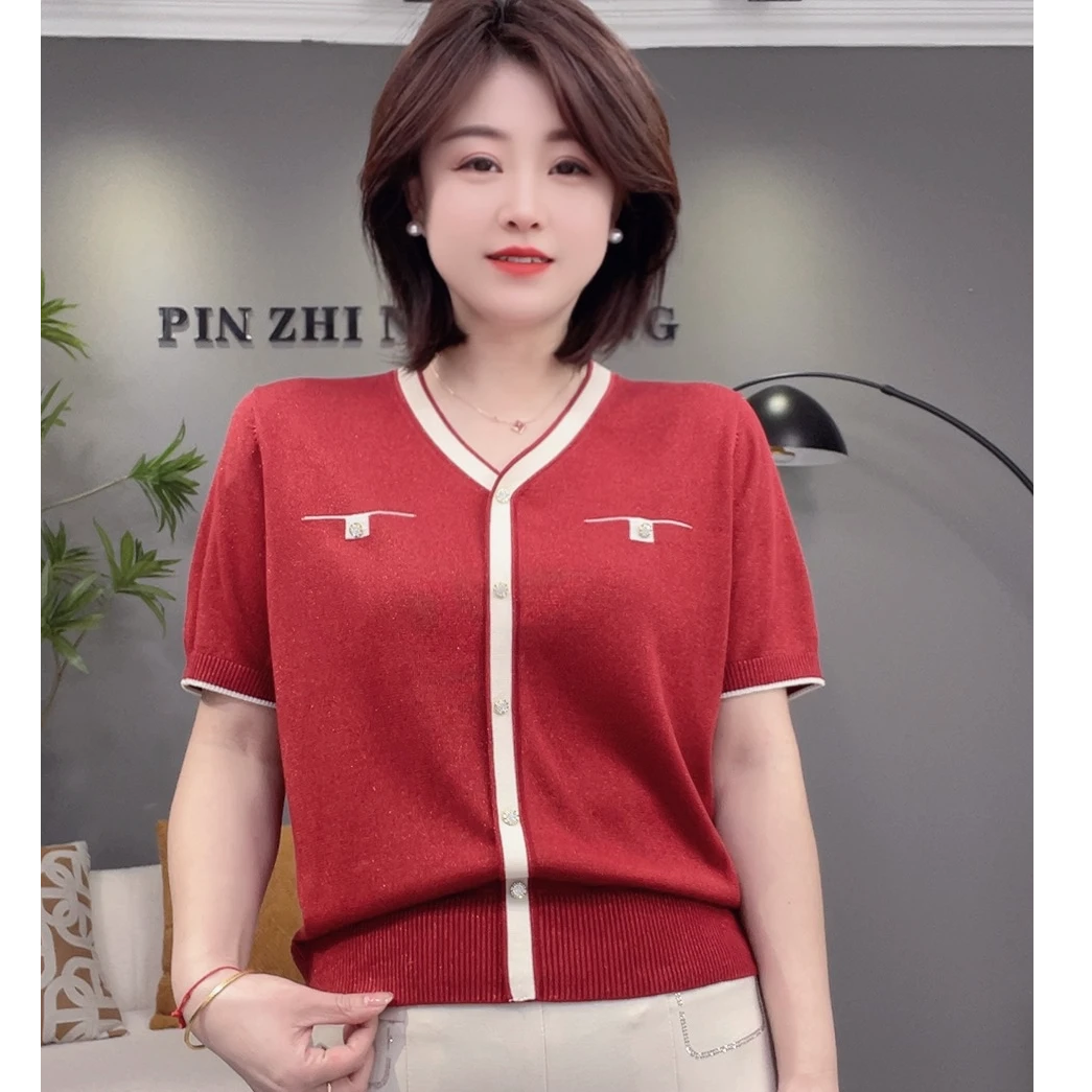 夏季v领小香风气质款高档天丝半袖洋气显瘦
