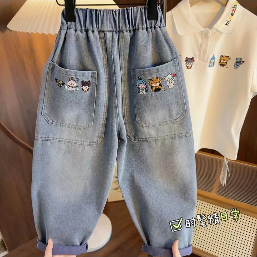 现货中大童春季敖丙卡通韩版宽松百搭休闲牛仔裤00104