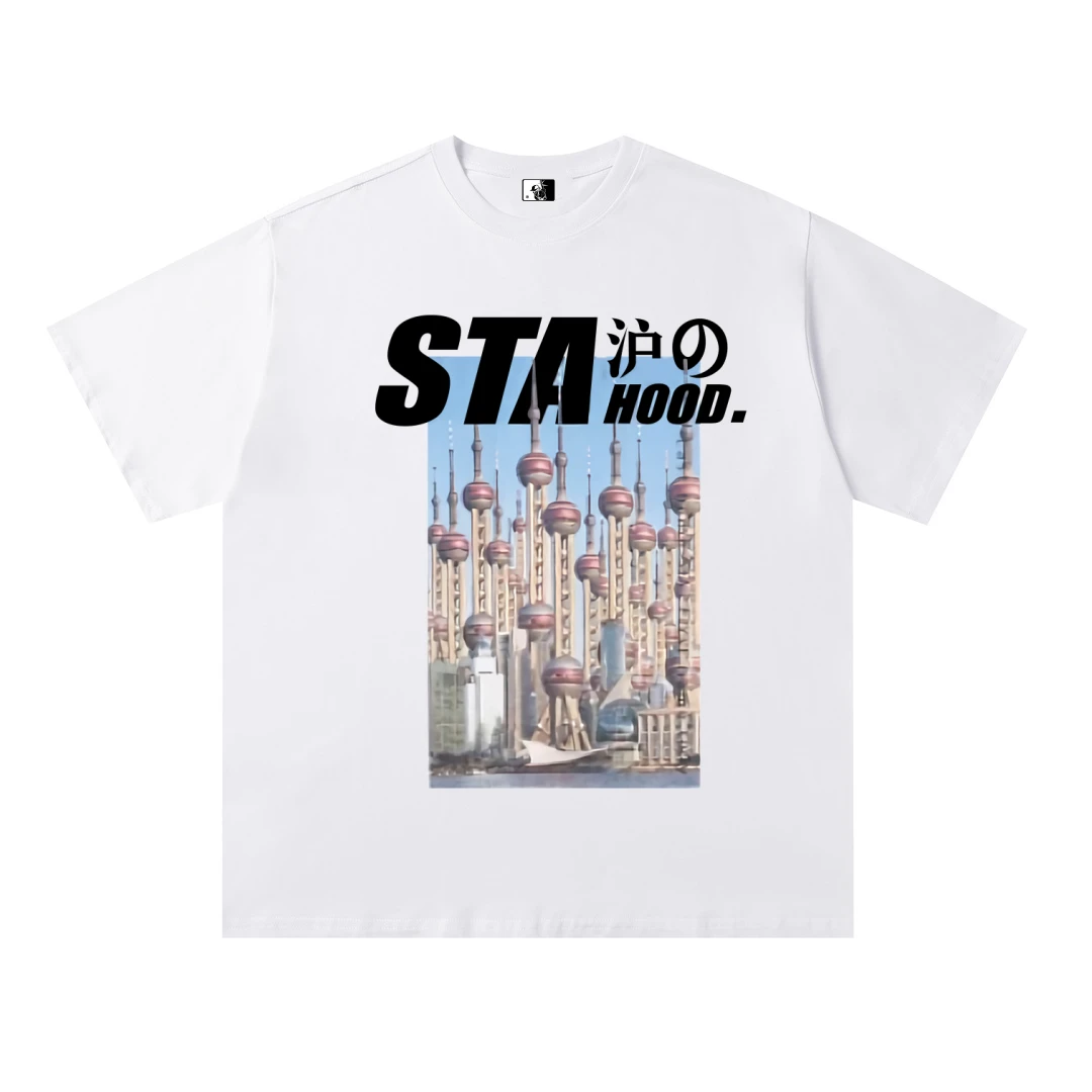 STA上海地标印花国潮ins重磅休闲宽松百搭纯棉夏短袖T恤男女280克
