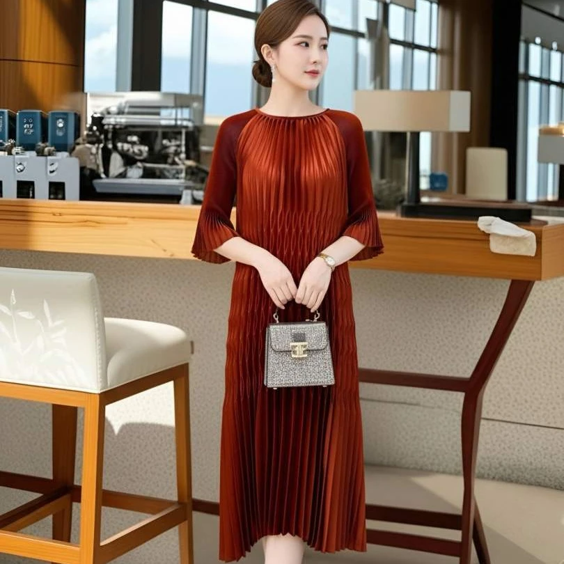 三宅依褶皱2026新款百褶裙优雅气质醋酸缎连衣裙高品贵气宽松大码