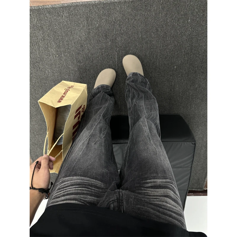 水洗闪电纹牛仔裤夏季薄款美式cleanfit裤子直筒修身显腿长微喇裤