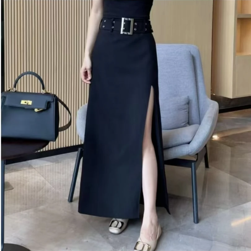 【梦婷家】甜酷风高腰西装开叉显瘦半身裙+腰带两件套-24153