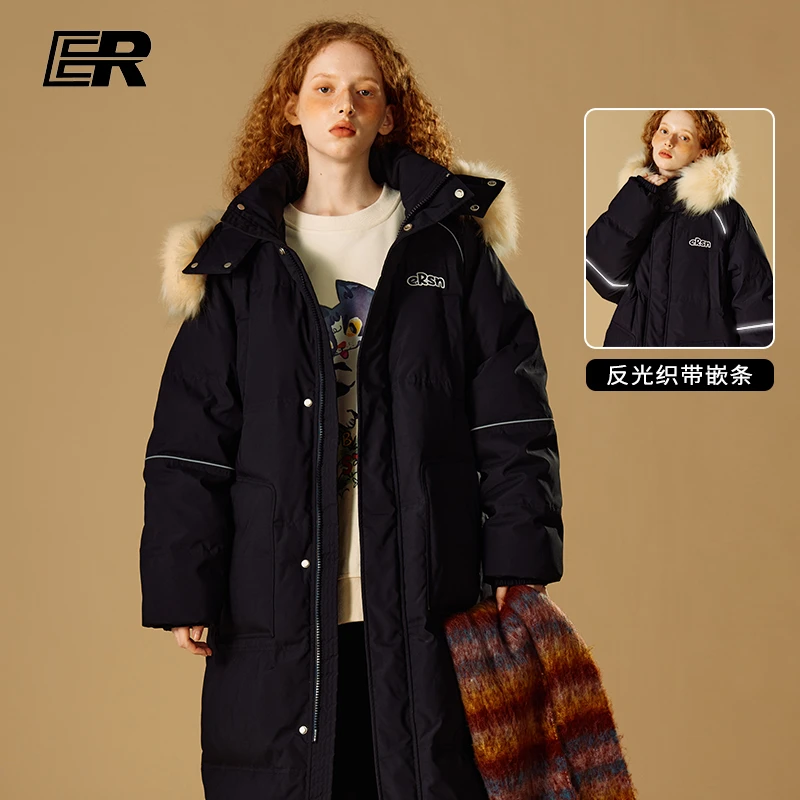 【明星同款】ER反光条中长款羽绒服冬90白鸭绒毛领可拆卸外套男女