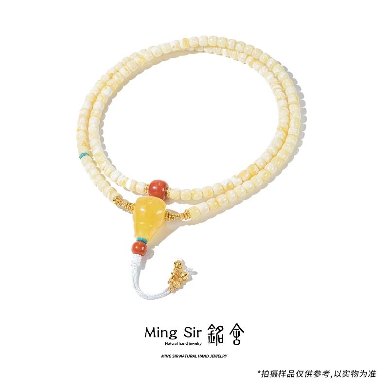 【铭舍 云端·花·收藏级浓白花108】天然蜜蜡精工极限弧老型设计款