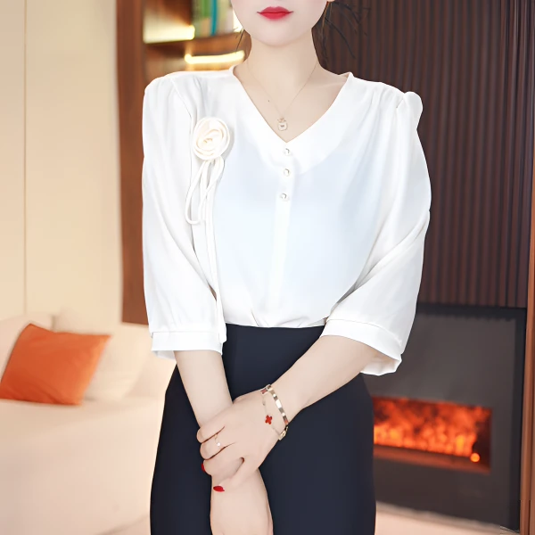 【白衫雅集】新款中袖轻奢衬衫春季高端气质小衫上衣8026
