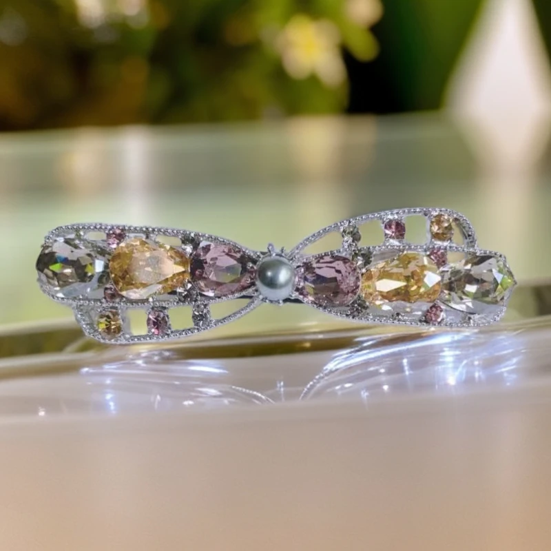 泛思新款横夹妈妈发卡水晶顶夹头饰半扎发发夹后脑勺一字弹簧夹