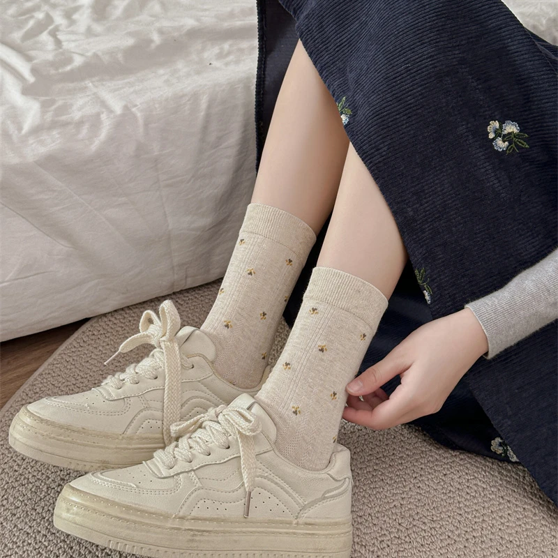 秋冬芭蕾风袜子女无骨森系小碎花中筒袜直板堆堆袜春秋穿搭学院风