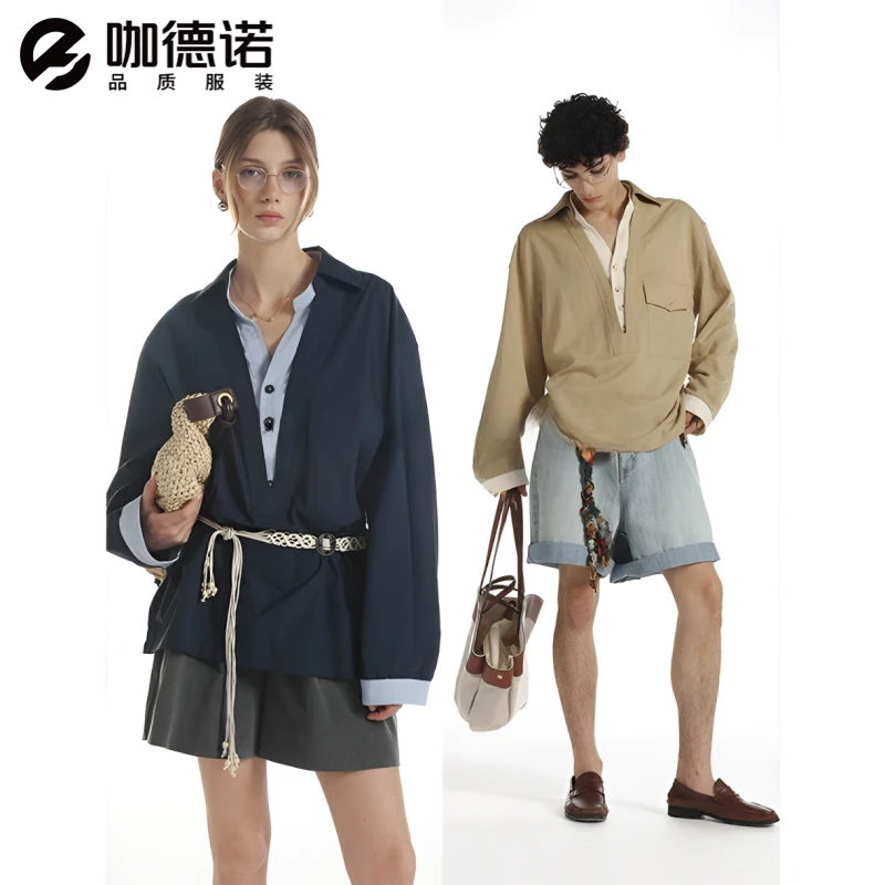 2025藏青色假两件衬衫男款秋季潮牌简约气质轻奢男女情侣衬衣外套