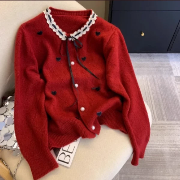 大码女装新年小香风蕾丝花边领针织开衫秋冬毛衣外套2336