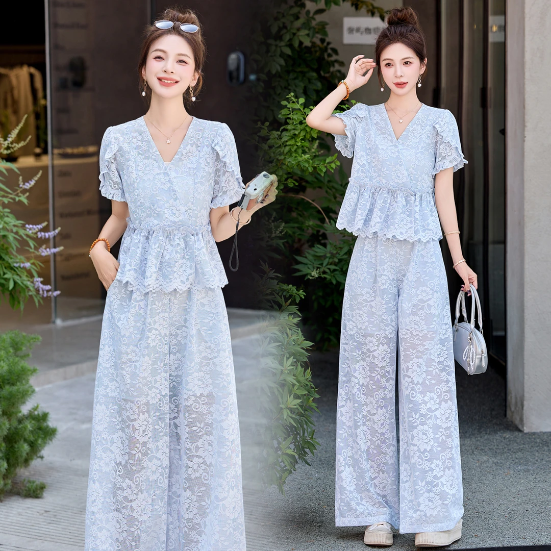 法式小香风刺绣蕾丝套装女2025夏季新款洋气减龄时尚阔腿裤两件套