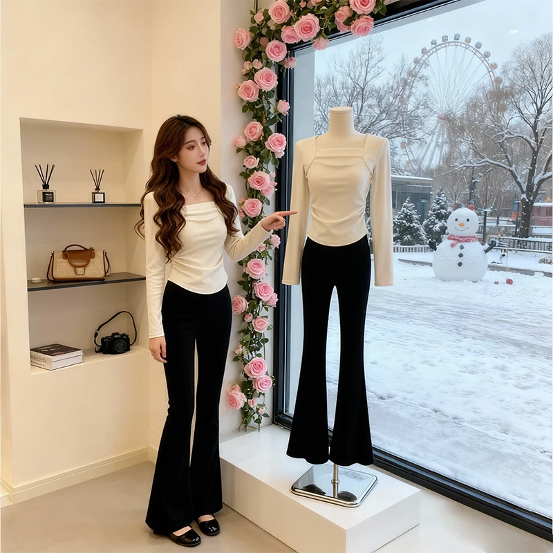 韩版方领褶皱收腰长袖打底衫女德绒秋冬季爆款修身设计感显瘦上衣