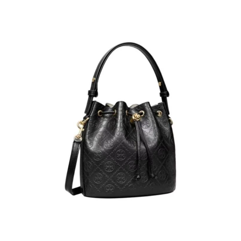 【现】tory burch  MONOGRAM中号黑色斜挎水桶包158529-001