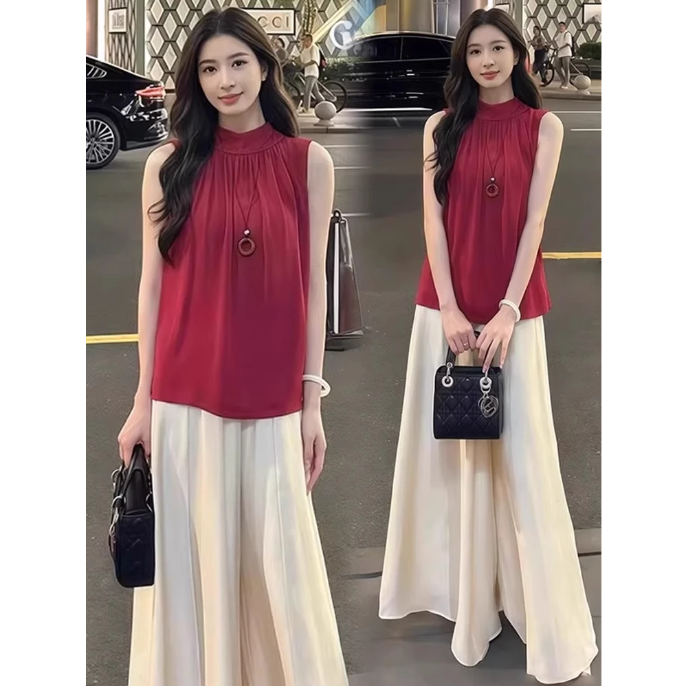 宽松遮肉显瘦无袖上衣阔腿裤两件套女夏季新款时尚洋气质雪纺套装