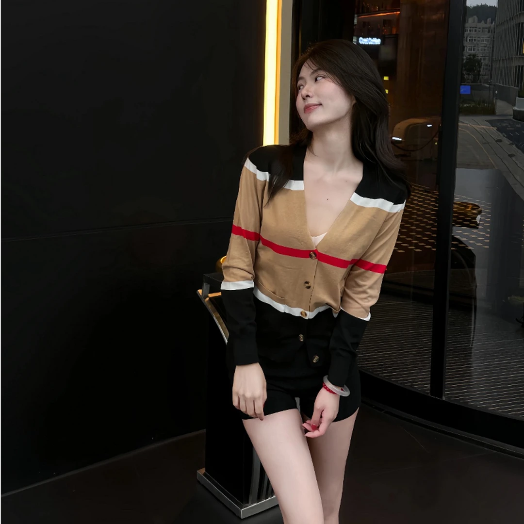 楠妹定制 早秋气质开衫针织复古撞色条纹长袖上衣外套