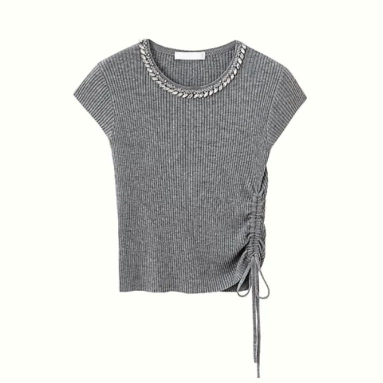 《猪猪出品》2025上新灰色领口钻圆领T恤打底女士绑带t恤