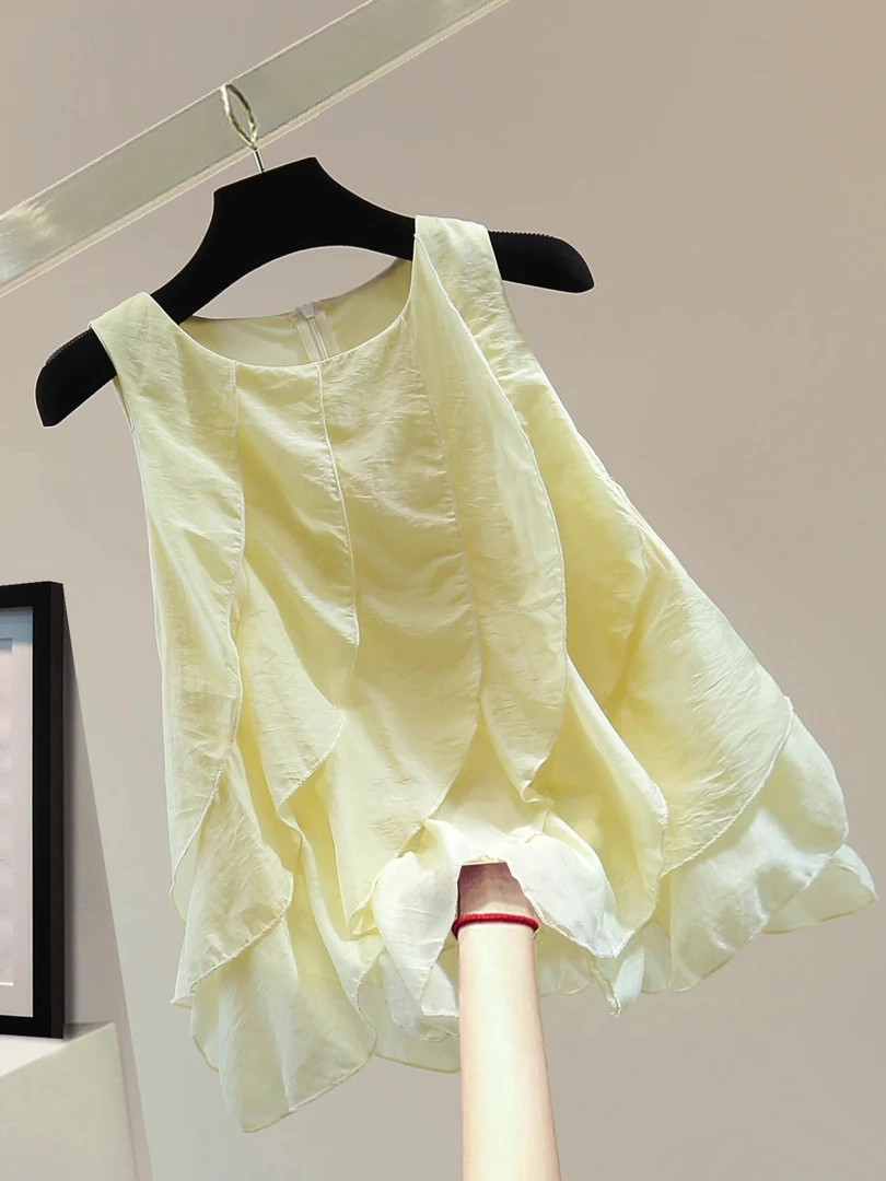 荷叶边拼接圆领套头衬衫2025夏季显瘦拉链休闲背心洋气淡黄色上衣