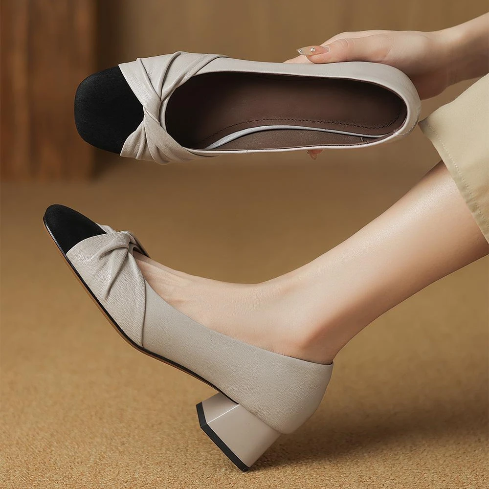 4CM粗跟鞋子女款爆款2025新款真皮百搭方头单鞋中跟夏浅口工作鞋