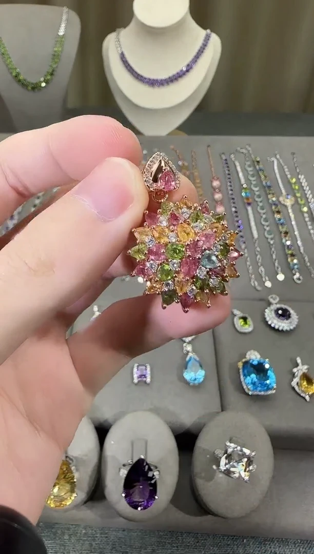 颈饰银S925镶嵌碧玺23mm吊坠繁花设计款多样性发一