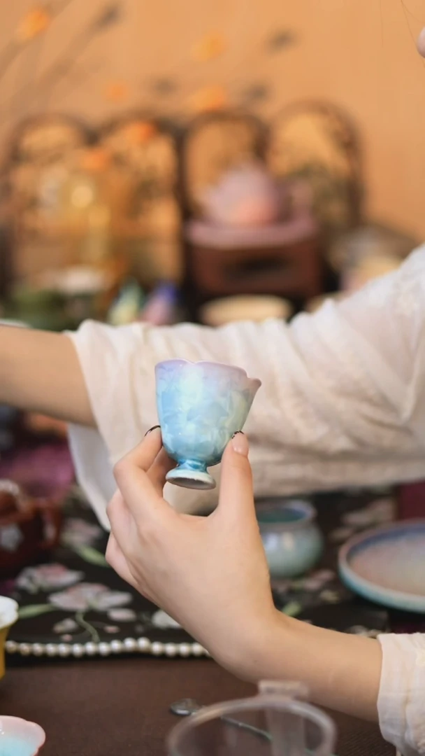结晶釉紫青葫芦高足杯