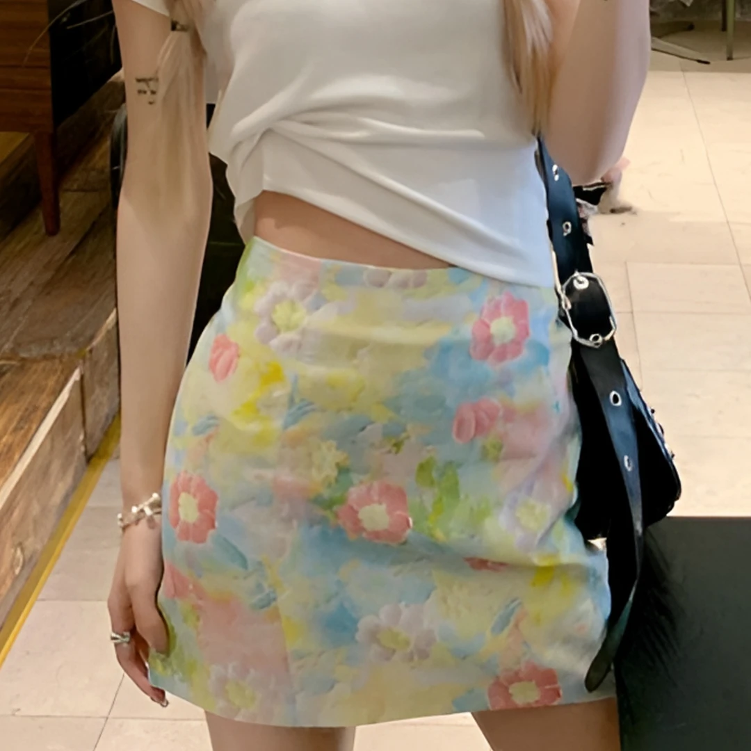 小碎花半身裙女夏季高腰显瘦A字裙小众别致油画裙包臀裙百搭短裙