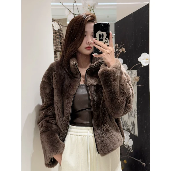 深咖色外套年轻百搭显瘦毛毛外套女秋冬新款立领高级感短款