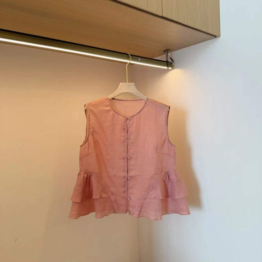 夏季圆领单排扣荷叶边无袖小衫时尚气质潮流洋气时尚休闲百搭