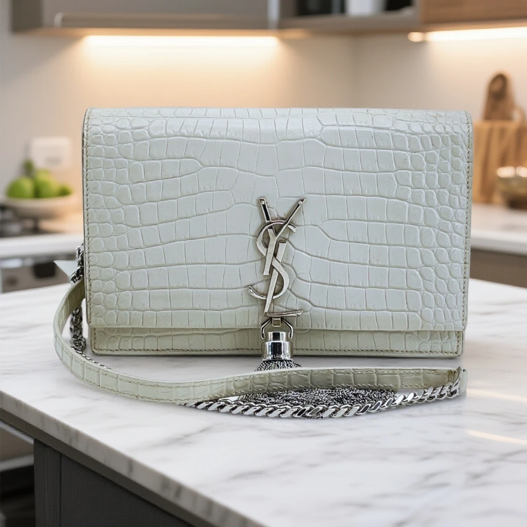 95新 YSL/圣罗兰  白色鳄压流苏链条包 1736 5140