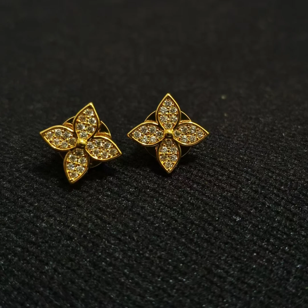 铜合金合成锆石耳饰 金色满钻四花耳钉5166