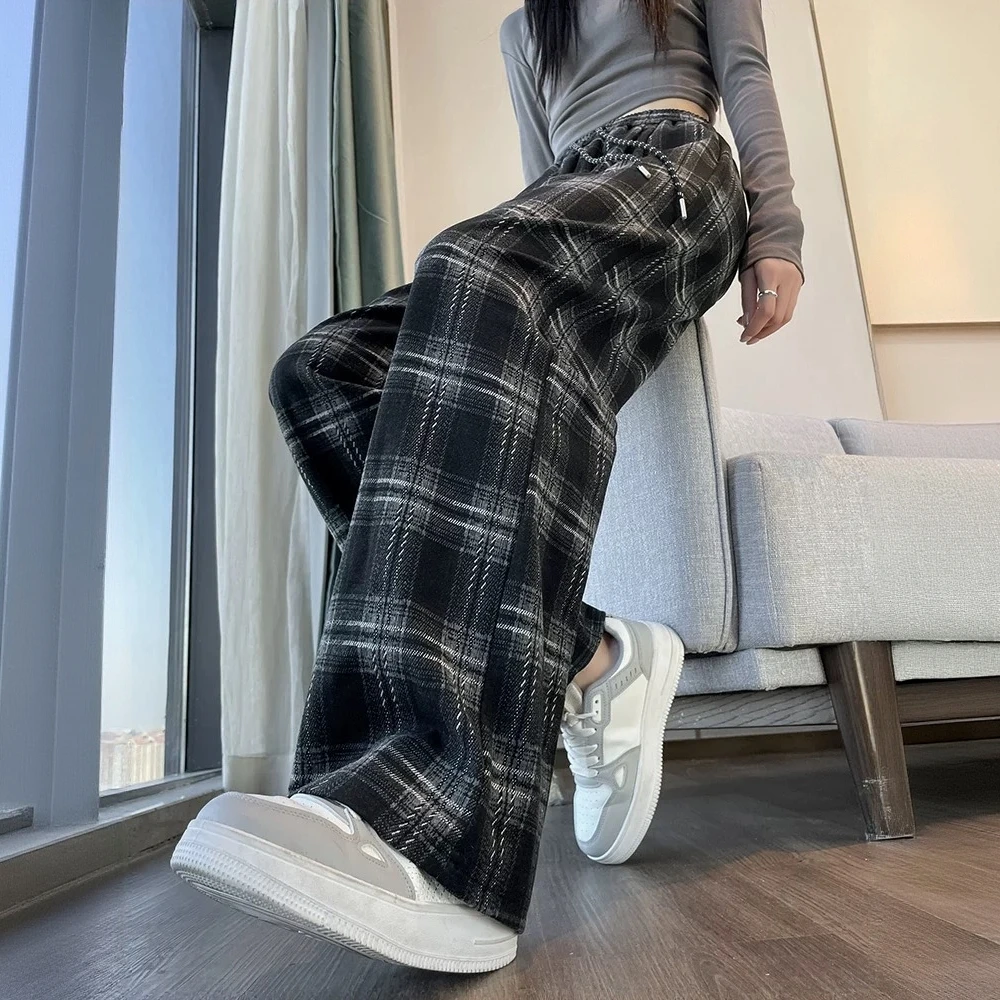 窄版阔腿裤子女春秋季2025新款显瘦高腰休闲小个子香蕉运动格子裤