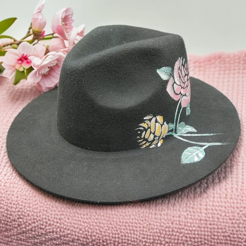 帽语®春秋冬 男女英伦手绘花朵巴拿马澳洲纯羊毛爵士帽HCMM00022