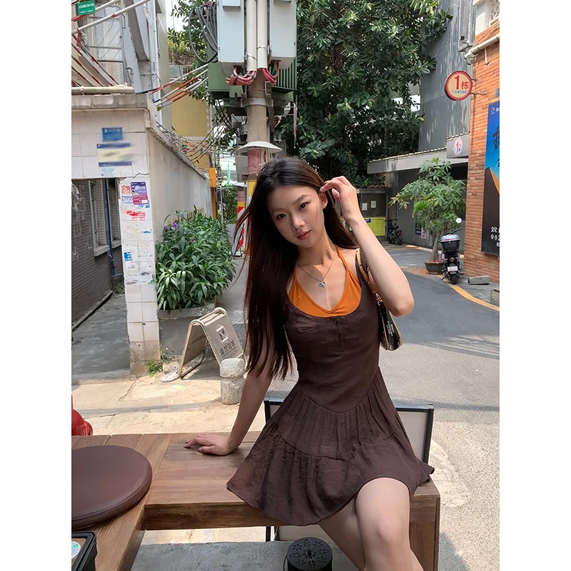 【椿日记】春夏美式复古收腰U领设计吊带连衣裙252V1842#