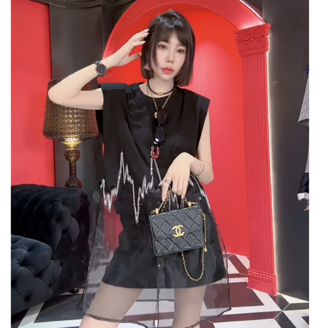 MMD欧货H013新款设计感拼接坎肩背心中长款上衣夏季无袖T恤