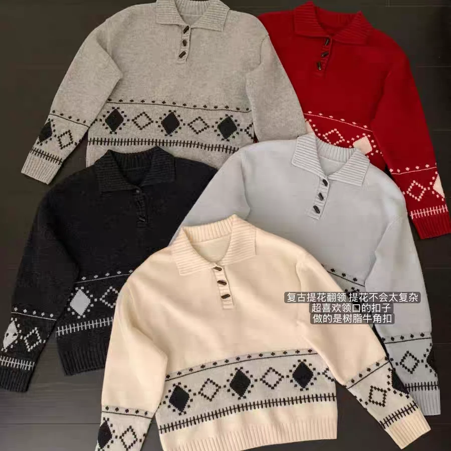 全羊毛翻领牛角扣显瘦秋冬时尚百搭费尔岛温柔毛衣针织衫韩系