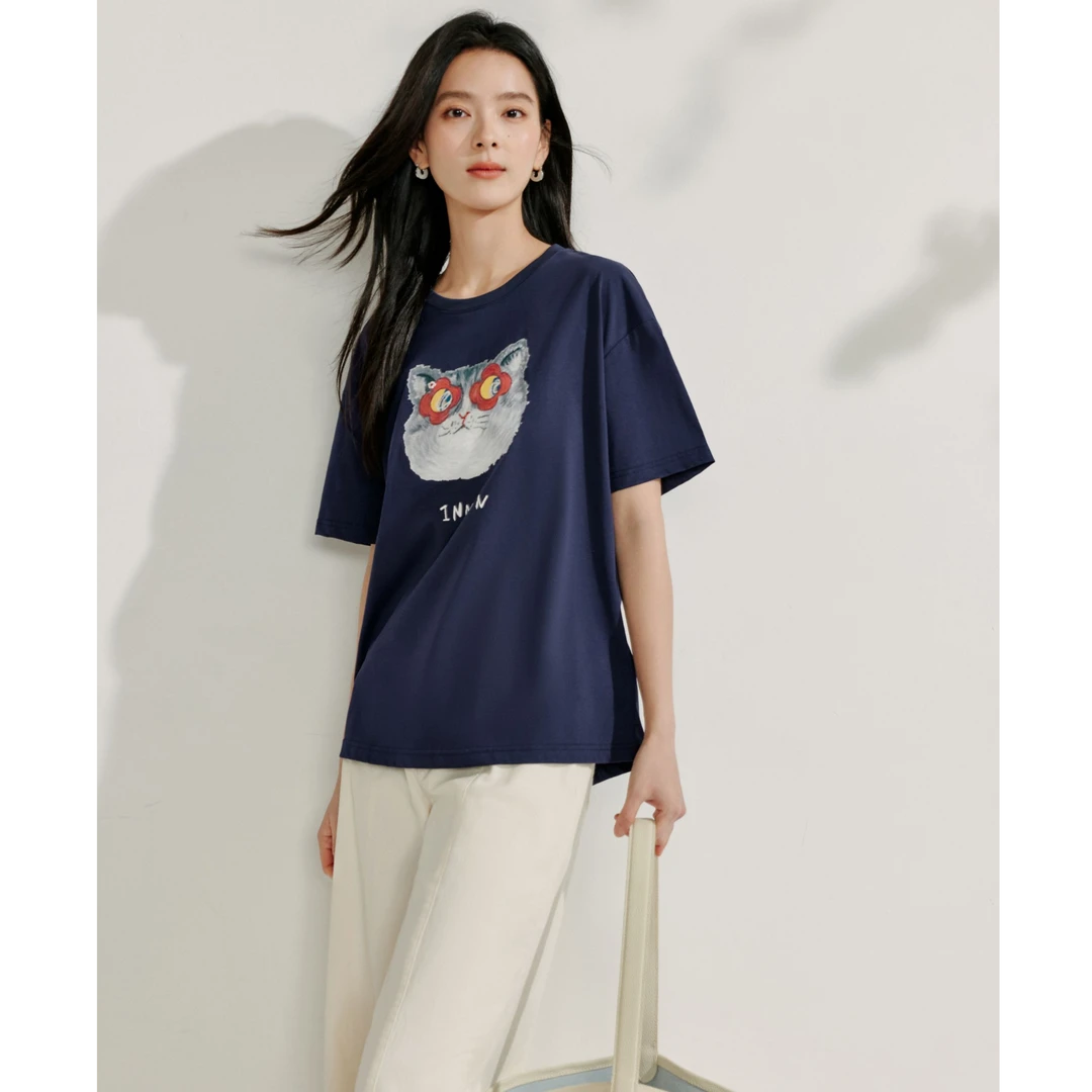 【欧若智性风】茵曼25夏季童趣女装新款T恤短袖休闲圆领百搭上衣