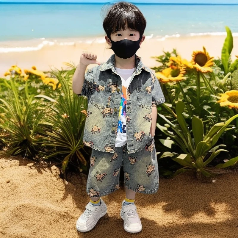 儿童哪吒衣服男童夏装套装休闲中大童夏季薄款短袖短裤牛仔两件套