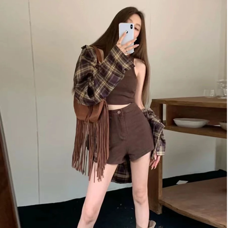 美式复古套装秋季中长款格子衬衫女吊带背心美拉德穿搭两件套