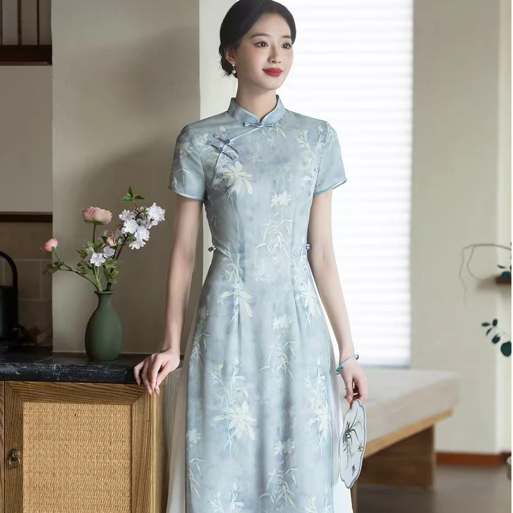 瓷萱【水仙子】国风改良旗袍中长款优雅春夏提花奥黛时尚复古旗袍裙