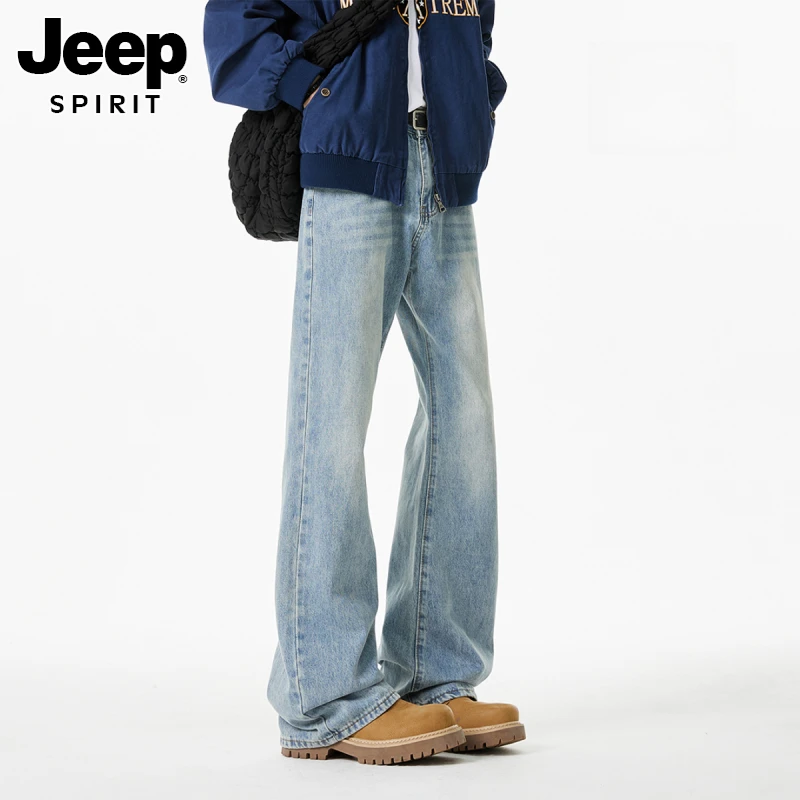 JEEPSPIRIT宽松bootcut牛仔裤男夏复古潮牌黑色弯刀裤子修身美式