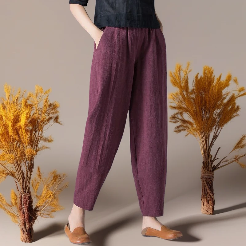 【现货+运费险】棉麻女裤夏季薄款休闲裤子棉麻九分裤松紧高腰