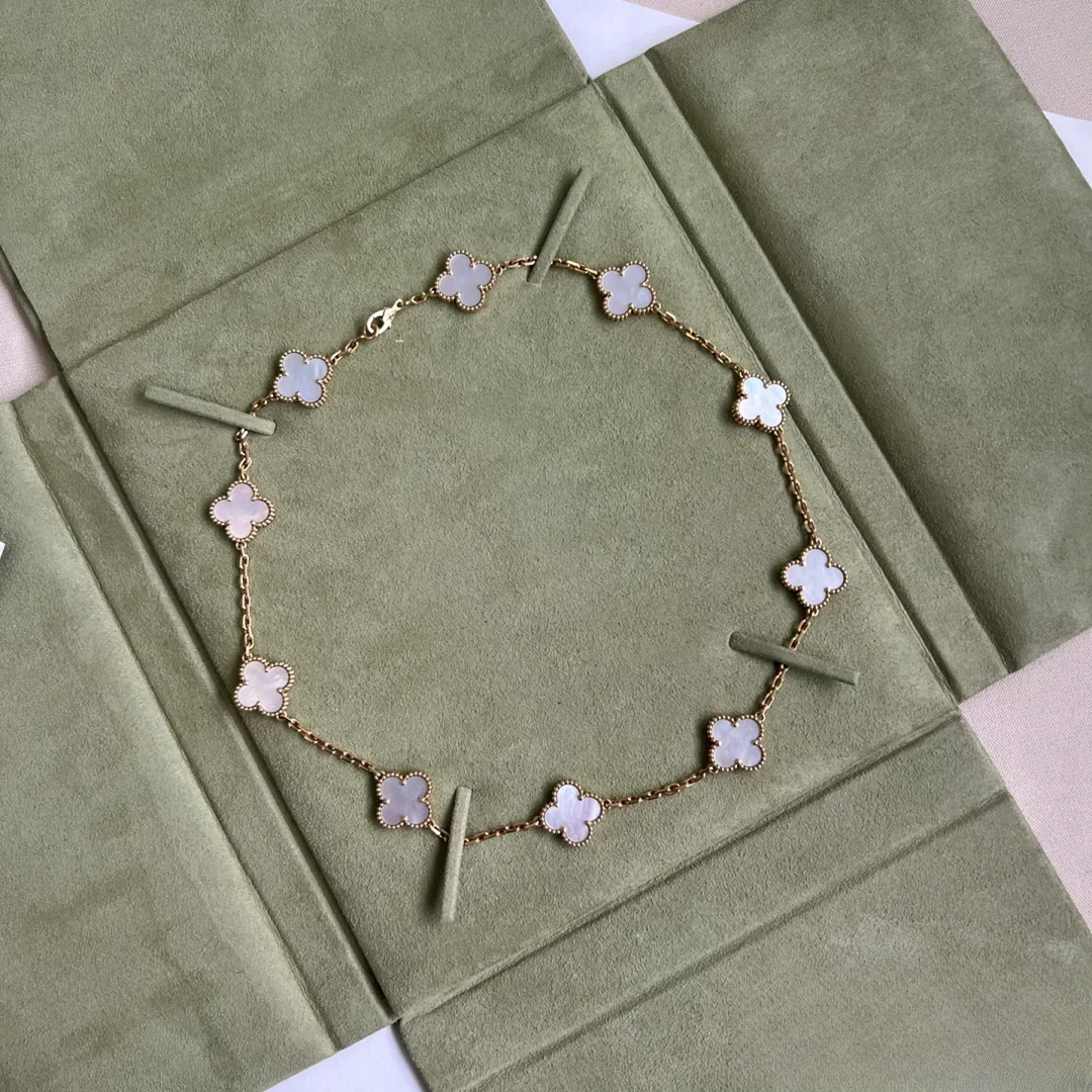 99新 梵克雅宝 小花6珊十花项链 18K黄金/白贝母 项链 黄金