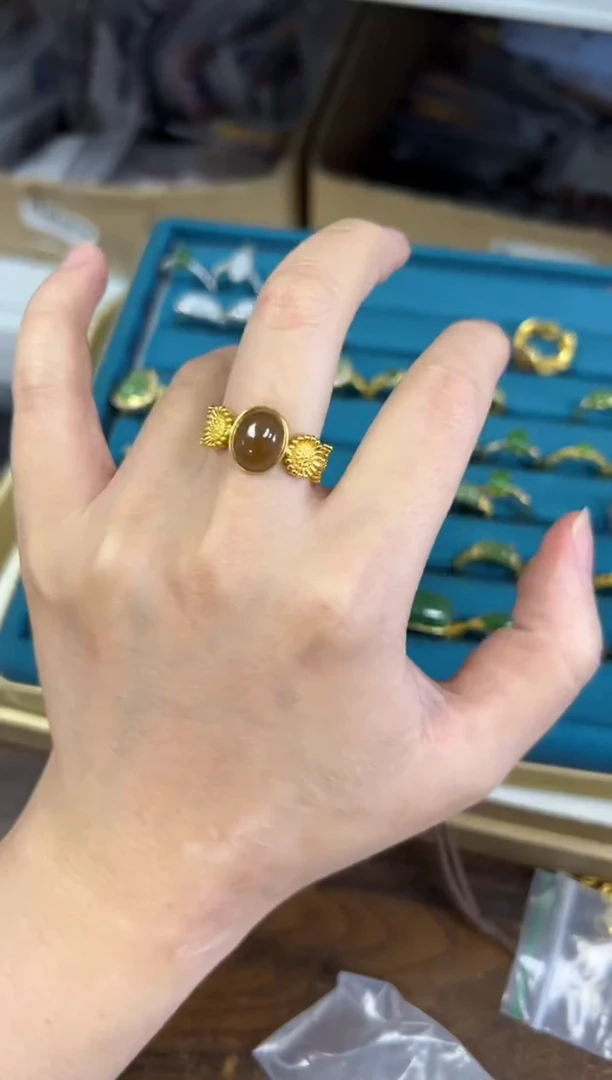 银S925镶嵌戒指和田玉孤品和田玉糖料银镶嵌戒指[6247]