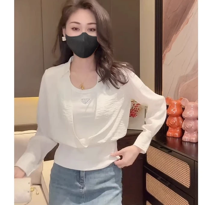 开春小众穿搭法式上衣白色假两件长袖衬衫衬衣女款2025年新款爆款