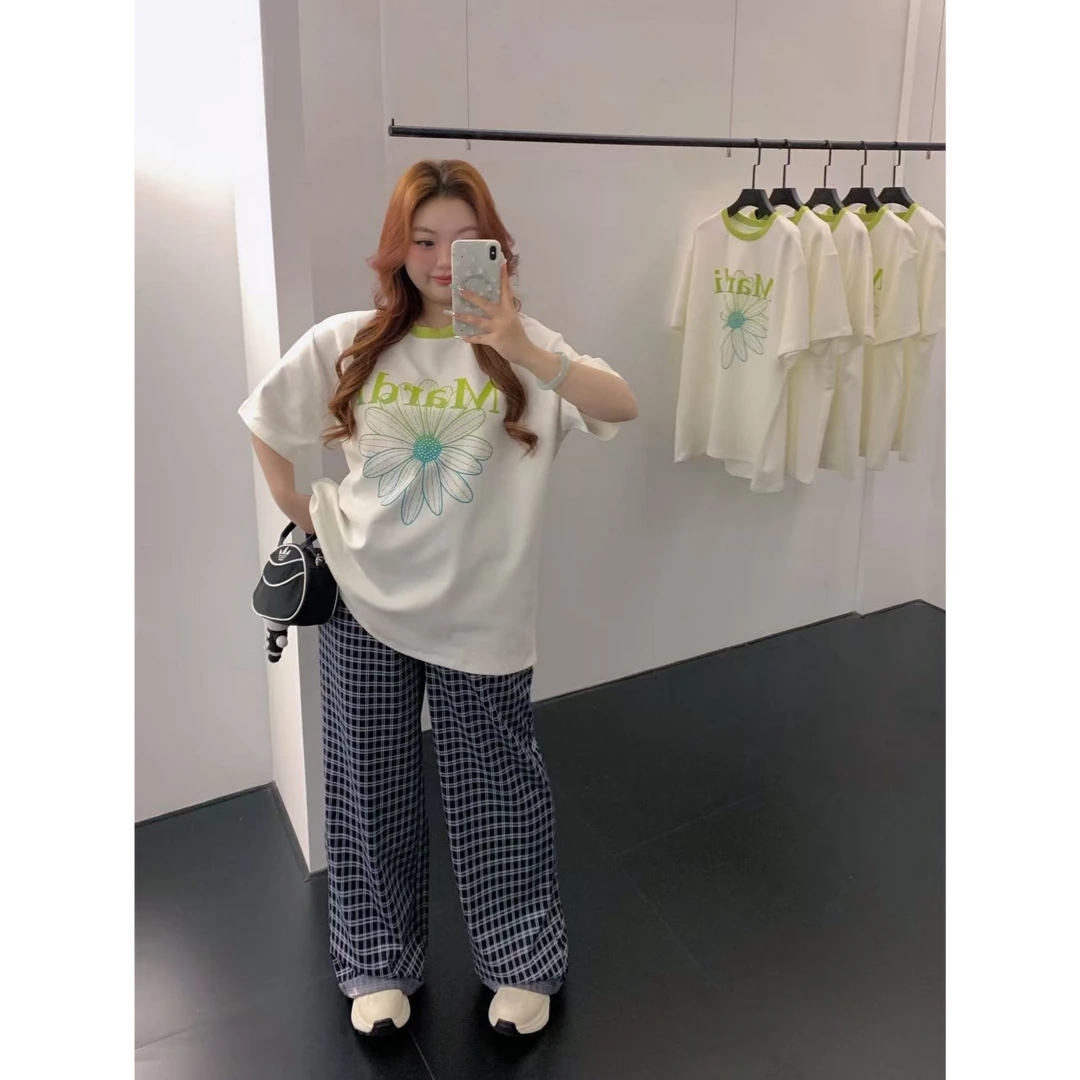慧芝huizhi 10655藏蓝格子裤 定制款 翻边刺绣标宽松休闲阔腿裤