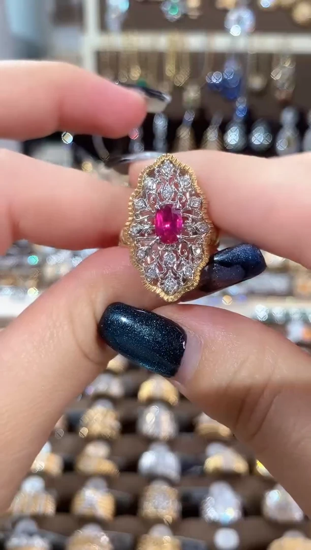 18K金镶嵌戒指红宝石18K白黄红宝钻石雕金戒指14