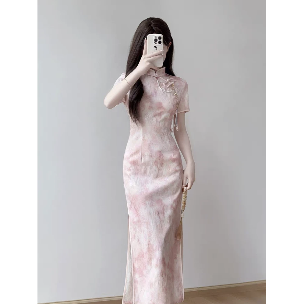 大码女装旗袍2025日常新中式粉色连衣裙修身少女年轻12007