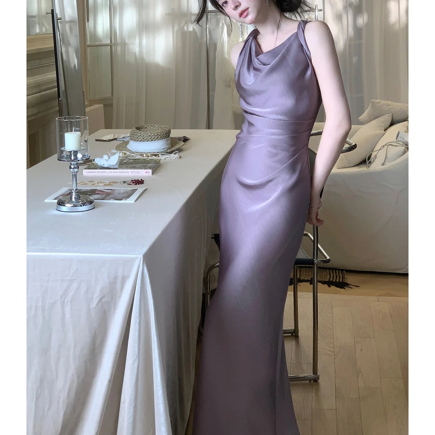 【缪斯】气质感高级缎面连衣裙扭结吊带收腰显瘦鱼尾裙