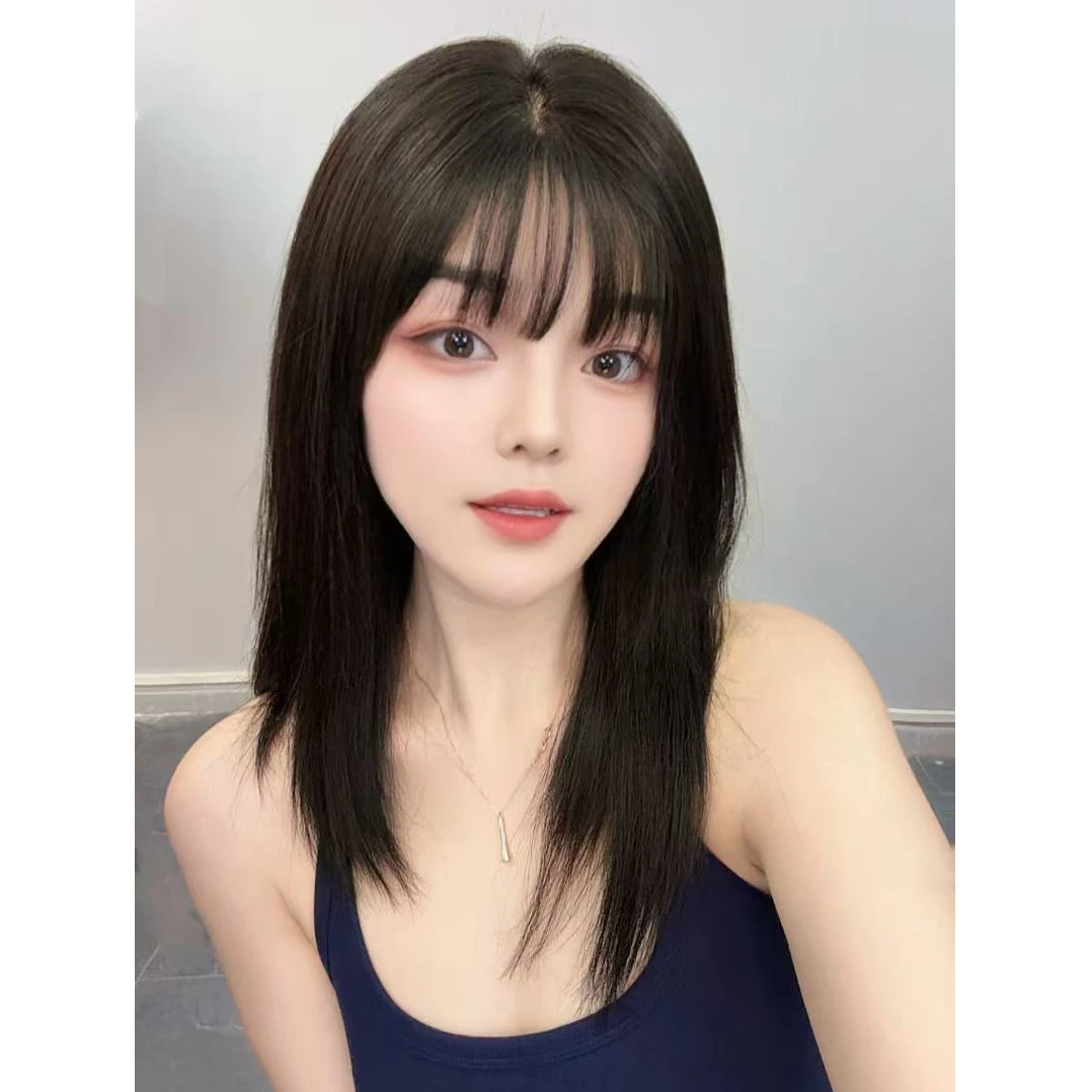 【纳米封边皮感发际线】40cm齐刘海冰感透气仿真头皮全真发整体假发