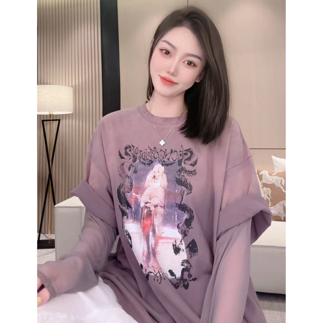 【AILIN】紫色长袖时尚宽松印花圆领重工秋季设计感做旧T恤